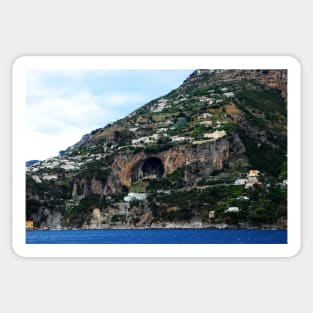 Panorama in Amalfi coast with a mountain scattered with buildings and a huge cavern in the middle Sticker